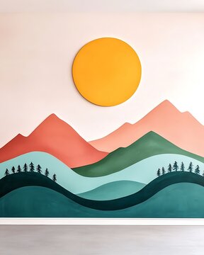 Colorful Abstract Mountain Mural with Sun Design Mountain Hiking Adventure Mural