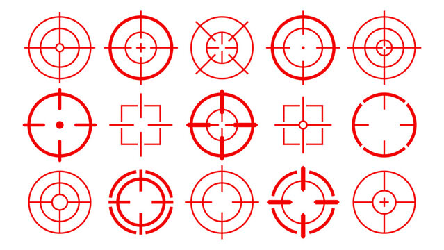 Target crosshair aim scope reticle icons for sniper rifle sight, weapon focus mark, military ui hud elements, precision shooting range symbols, gun goal hunting interface signs, modern game set