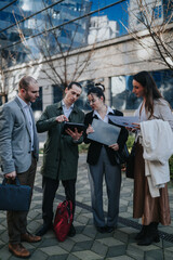 Fototapeta premium Four business colleagues review a tablet and printed documents while standing on a city sidewalk. A small outdoor meeting happens in front of a modern office building as they discuss work.