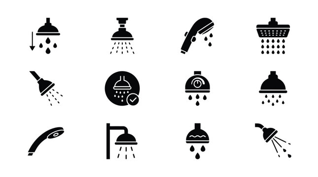 Set of various shower head icons with different water spray styles
