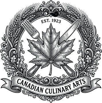 Antique canadian culinary arts emblem illustration with a prominent maple leaf and crossed cooking utensils design