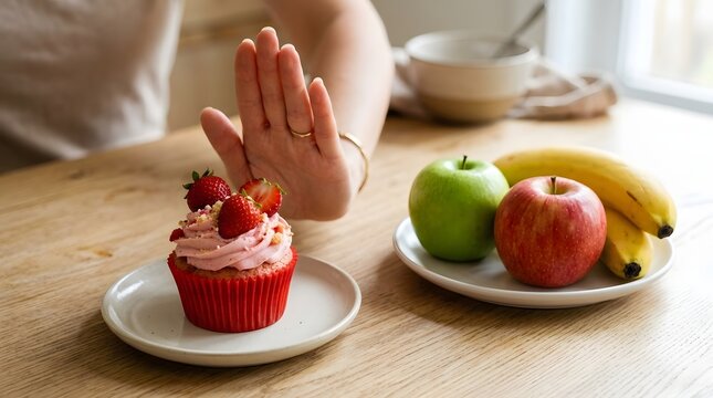 Young woman hand making stop gesture to refuse sweet cupcake with strawberries while choosing healthy fruits like apples and bananas for better nutrition and weight loss on wooden table.