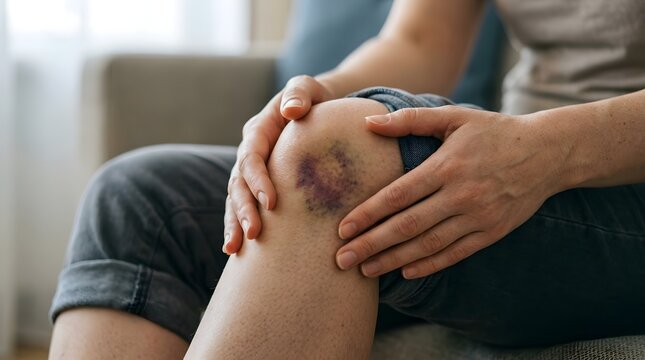 Close-up view of a person's hands holding an injured knee with a large purple bruise and hematoma, representing physical pain, skin trauma, domestic accident, or sports-related joint injury.