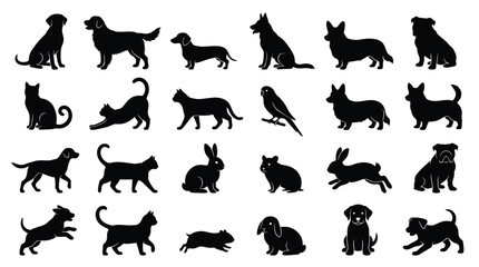 Fototapeta premium Collection of various animal silhouettes including dogs cats rabbits and birds