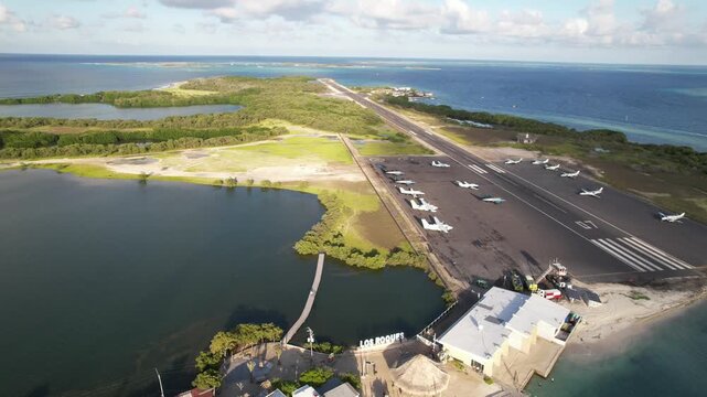 Aerial view of Los Roques airport and coastal lagoons, Venezuela.