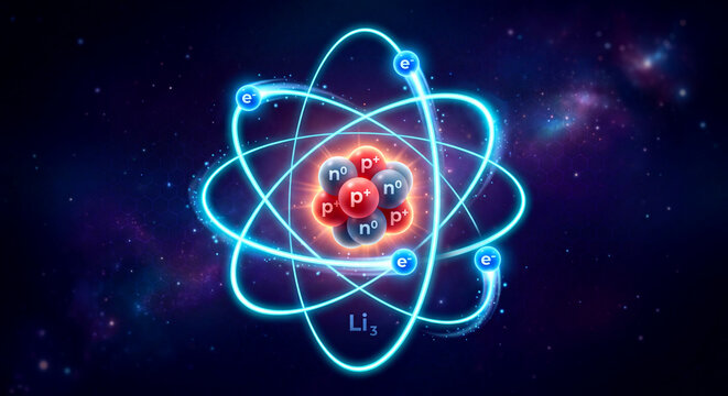 A stylized atomic model illustrating the structure of an atom with a central nucleus and electrons in orbit. A lithium (Li) atom&mdash;a stylized graphic representation of its subatomic structure