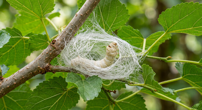 A silkworm (Bombyx mori) spinning its protective cocoon on a mulberry branch