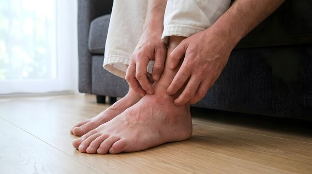 Person scratching itchy feet and ankles at home, showing signs of skin irritation, allergy, or dermatitis on the leg. Close up view of hands scratching dry and itchy skin on the foot.