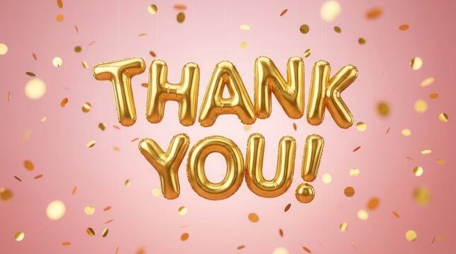 Golden foil balloons spelling Thank You with confetti on a pink background for celebration.
