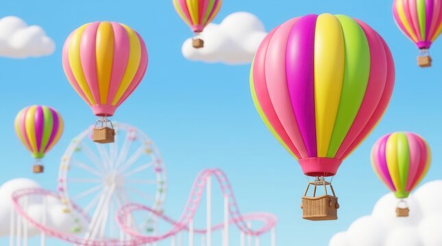Colorful 3D hot air balloons floating over a sunny amusement park.