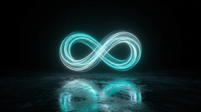 Glowing neon infinity symbol floating in a dark futuristic room with floor reflections.