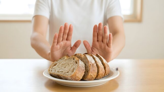 Close up of a person making a stop gesture with both hands towards a plate of sliced bread, representing gluten intolerance, carbohydrate-free diet, weight loss, and healthy eating habits.