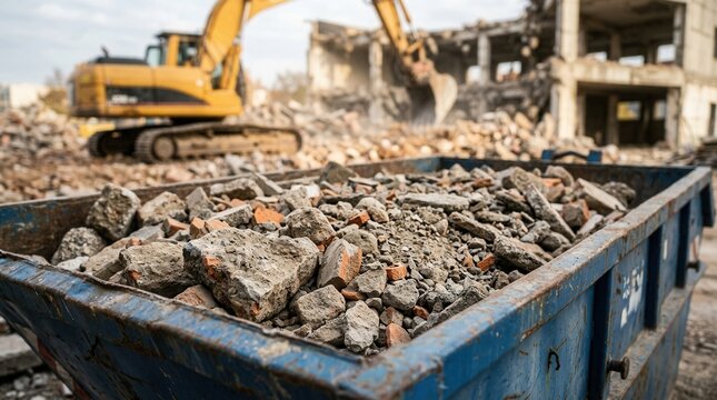 Construction debris piled high in a blue skip container at a job site.