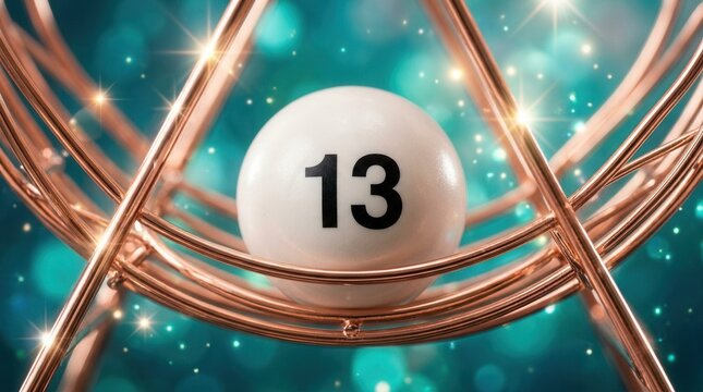 A closeup of a lucky number thirteen bingo ball inside a wire cage.