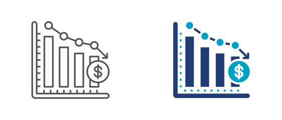 Obraz premium investment decline icon set, financial loss symbol for falling investments, market downturn, revenue loss, and economic risk. editable vector illustration