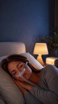 Woman sleeping with CPAP mask and bedside machine, sleep apnea therapy concept for respiratory health and restorative sleep