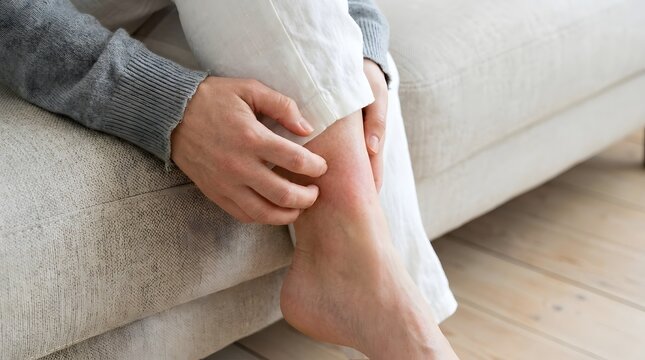Close up of a person sitting on a sofa scratching a red itchy skin rash on the ankle due to allergy, insect bite, or dermatitis, showing skin irritation and discomfort in a bright home setting.