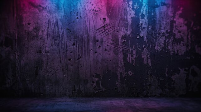 Abstract blue and purple neon lights interior background with grunge texture.