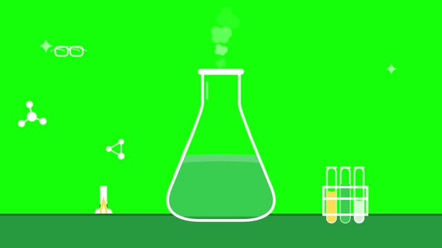 Animated chemistry lab experiment with erlenmeyer flask and test tubes on green screen science laboratory