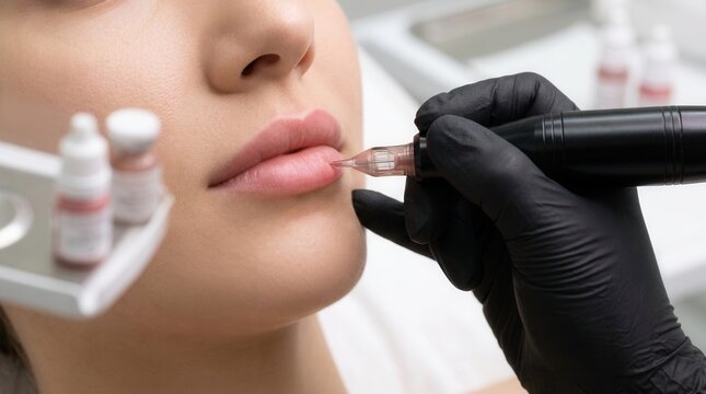 Professional lip blush semi-permanent makeup procedure using a rotary PMU pen.