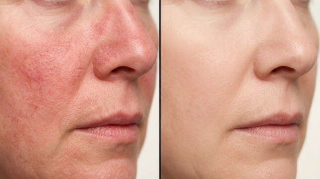 Before and after comparison of broken capillary treatment showing red spider veins and flushed skin.