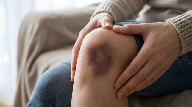 Close up of a person examining a large dark purple bruise or hematoma on their knee after a physical injury, touching the painful area while sitting on a couch at home, medical and first aid concept