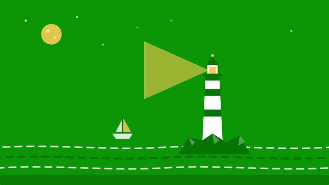 Animated lighthouse with rotating beam and sailing boat at night, minimalist style marine motion ocean