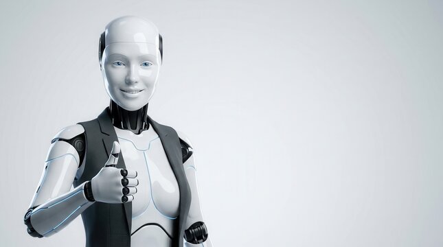 Female humanoid robot giving a thumbs up gesture with copy space.