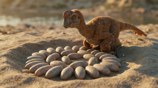 An Oviraptor brooding protectively over a spiral nest of elongated eggs on a sandy Cretaceous riverbank.