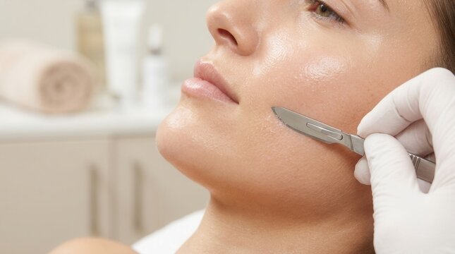 Professional dermaplaning facial exfoliation procedure on female skin.