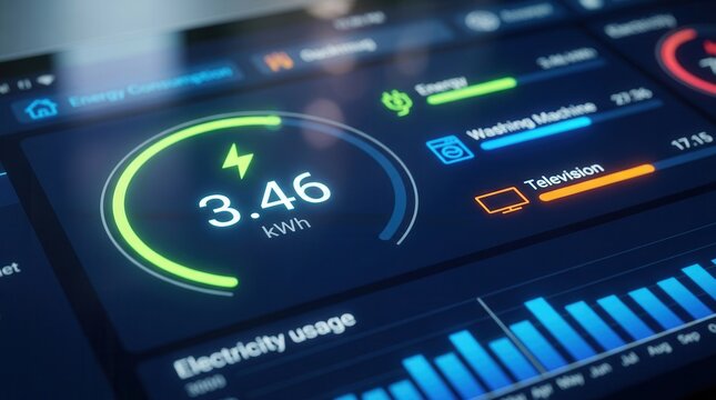 Real time electricity usage tracked via a vibrant digital interface showing energy consumption per appliance.