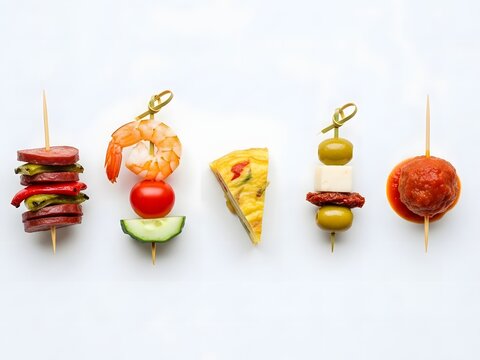 Assortment of gourmet savory party appetizers and pintxos arranged on wooden skewers on a bright white background