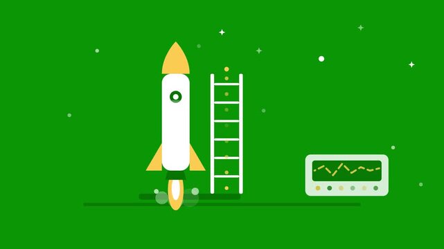Flat rocket launch animation with orbiting planet and data graph on green screen space flat motion startup