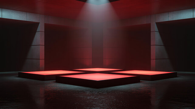 Four illuminated red platforms in a dark concrete room