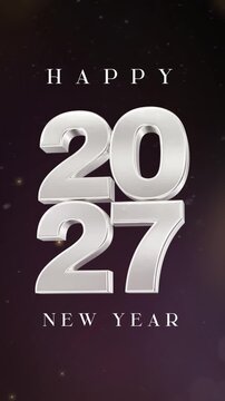 Festive vertical banner featuring silver 3D numbers for Happy New Year 2027 with golden sparkles