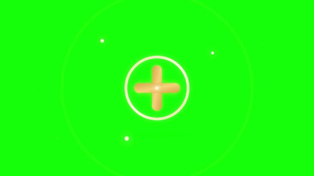 Golden plus sign animation with glowing particles on green screen symbol