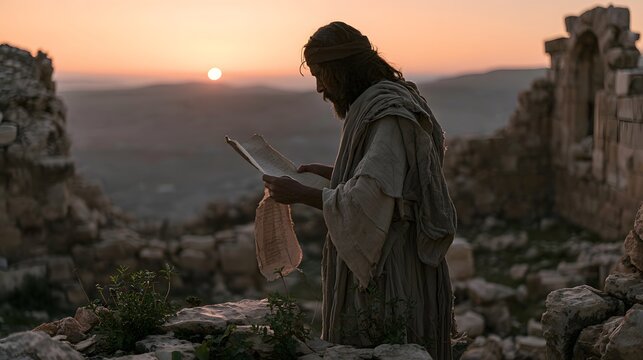 Ancient man reading a long scroll in desert ruins at sunset