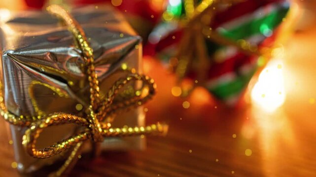 Golden Christmas gift box with decorative lights and falling glitter particles on a wooden background creating a warm and festive atmosphere celebrating winter holidays