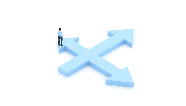 The image shows a 3D illustration of a man standing at a crossroads with four blue arrows pointing in different directions