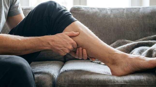 Close-up of a man's hands massaging a painful cramped calf muscle while sitting on a sofa at home, suffering from leg pain, muscle tension, or a charley horse, seeking relief through self-massage.
