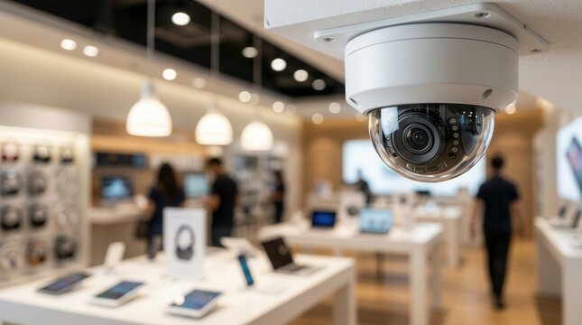 A modern surveillance camera overlooking the interior of a retail electronics store.