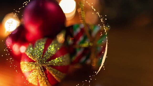 Magical Christmas background with animated glowing gold dust particles drawing a heart shape over festive gift box ornaments and red baubles with soft focus bokeh lights