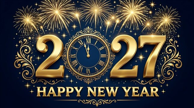 Happy new year 2027 golden typography banner featuring elegant countdown clock and beautiful exploding fireworks in dark blue night sky for holiday celebration.