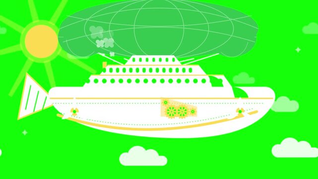 Whimsical steampunk airship flying in sky animation, retro fantasy dirigible concept, flat style motion for travel and adventure