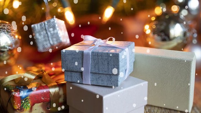 Christmas presents with falling snow and a decorated tree in the background, creating a cozy and magical holiday atmosphere with warm, sparkling lights and shiny ornaments