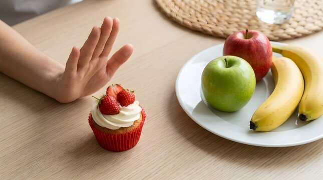 Woman Making a Stop Hand Gesture to Refuse a Sweet Strawberry Cupcake and Choosing Healthy Fresh Fruits Like Apples and Bananas on a Wooden Table for a Balanced Diet and Weight Loss Concept