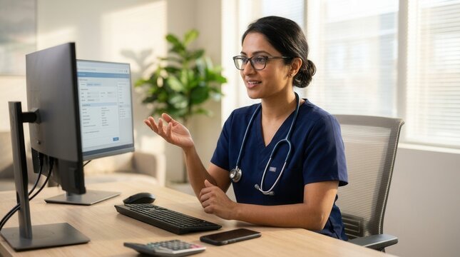 Female healthcare professional in blue scrubs working at a desk with a computer.