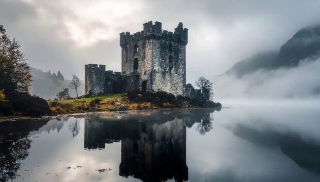 Ethereal misty morning at an ancient, weathered stone castle reflected in the still water of a lake, a hauntingly beautiful historical landmark under a dramatic sky