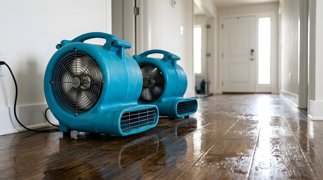 Professional Industrial Blue Air Movers and Blowers Drying Wet Hardwood Floor After Water Damage Flood in Home Hallway, Restoration Service Equipment for Moisture Removal and Surface Remediation