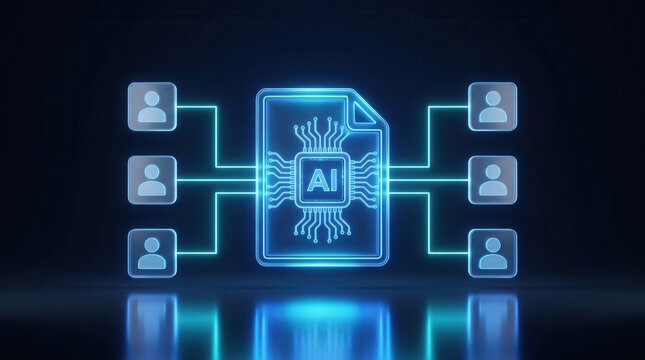 Glowing digital AI document connecting to multiple user profiles in a smart contract network.